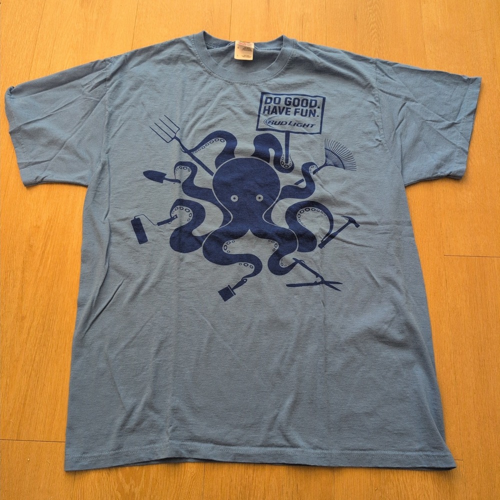 VTG Bud Light Adult Large Beer Octopus Do Good Have Fun T-Shirt Blue